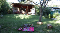 Sobre el césped de un amplio patio, bajo la sombra de un árbol, hay una manta de varios colores con un mortero y otros elementos arriba; a un costado algunos troncos y ramas cortadas; al fondo, una casa con un alero de chapas.