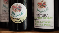 Dos botellones oscuros, sobre una repisa de madera; uno tiene una etiqueta con un picaflor dibujado, que dice: “Mainón, tintura alegría”; la otra dice: “Mainón, tintura desparasitante – Ruda, Carqueja, Artemisa, Paico”.
